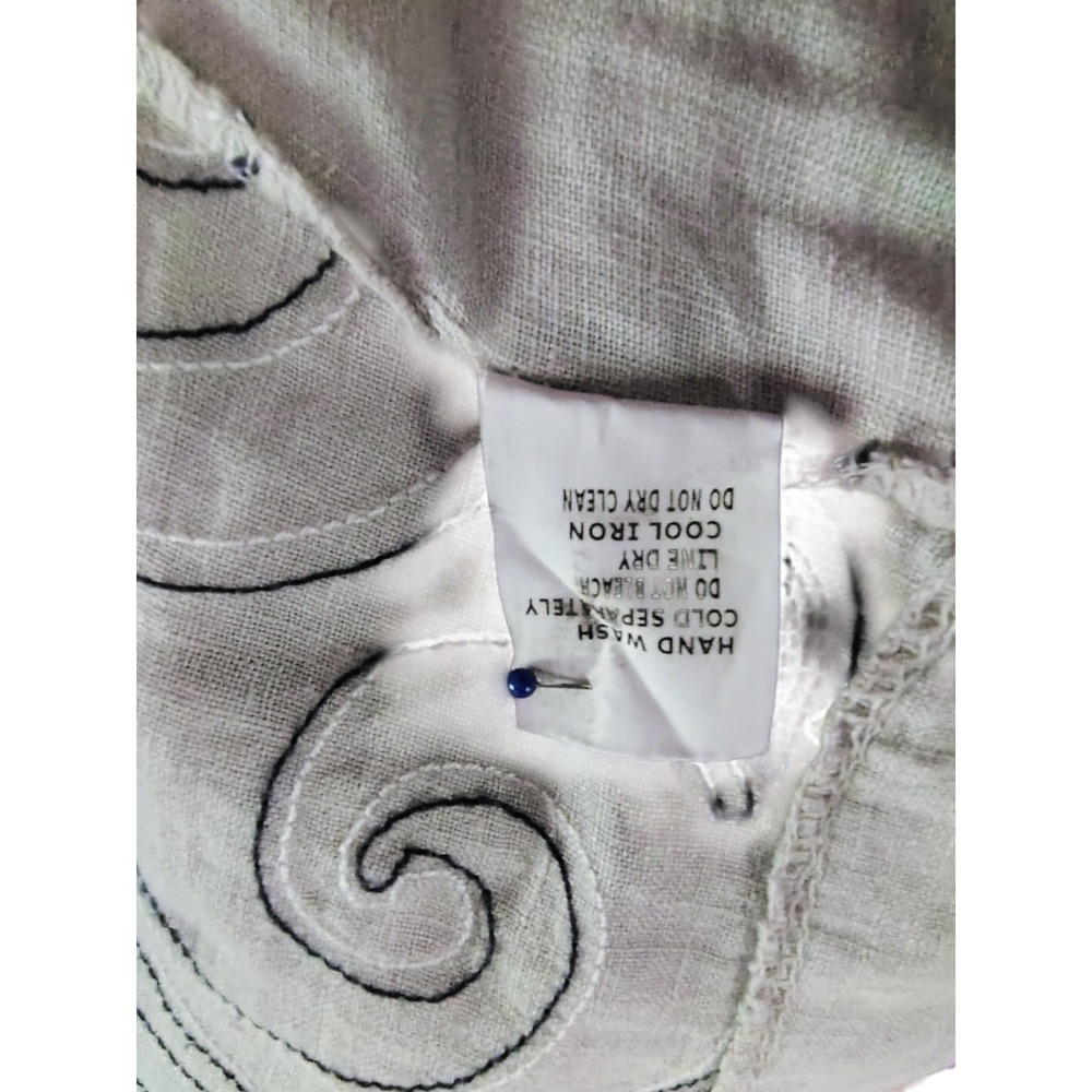 Made in Italy Linen Embroidered Swirl Shift Dress with Pockets Navy Beige L - Picture 10 of 10